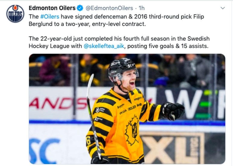 Edmonton Oilers tweet om Filip Berglund