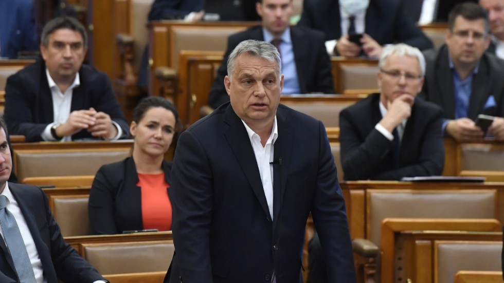 Ungerns premiärminister Viktor Orbán i parlamentet i Budapest i slutet av mars. Arkivbild.