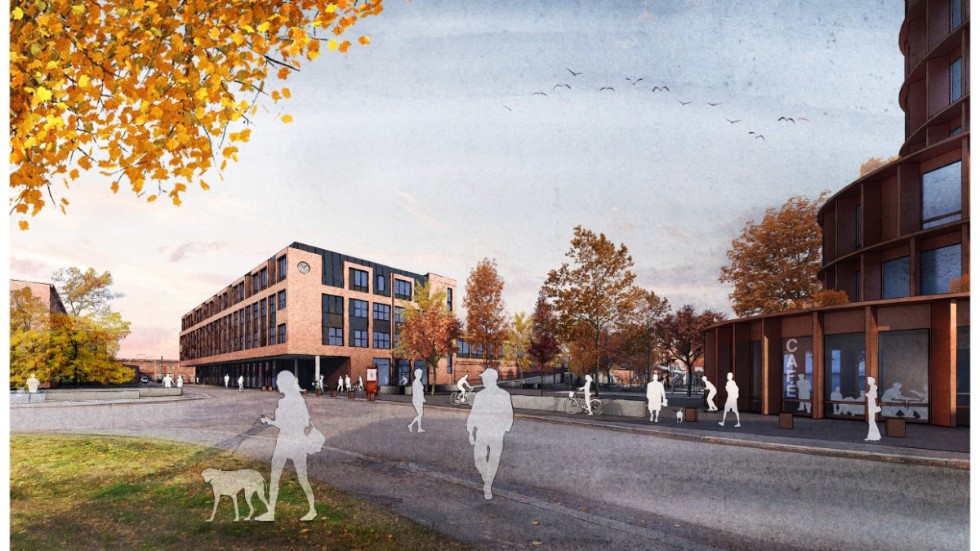 Skiss på den nya skolan som ska byggas ovanpå Munktellgaraget. Byggstarten är planerad till hösten. Två år därefter är det tänkt att elever kan börja på skolan.