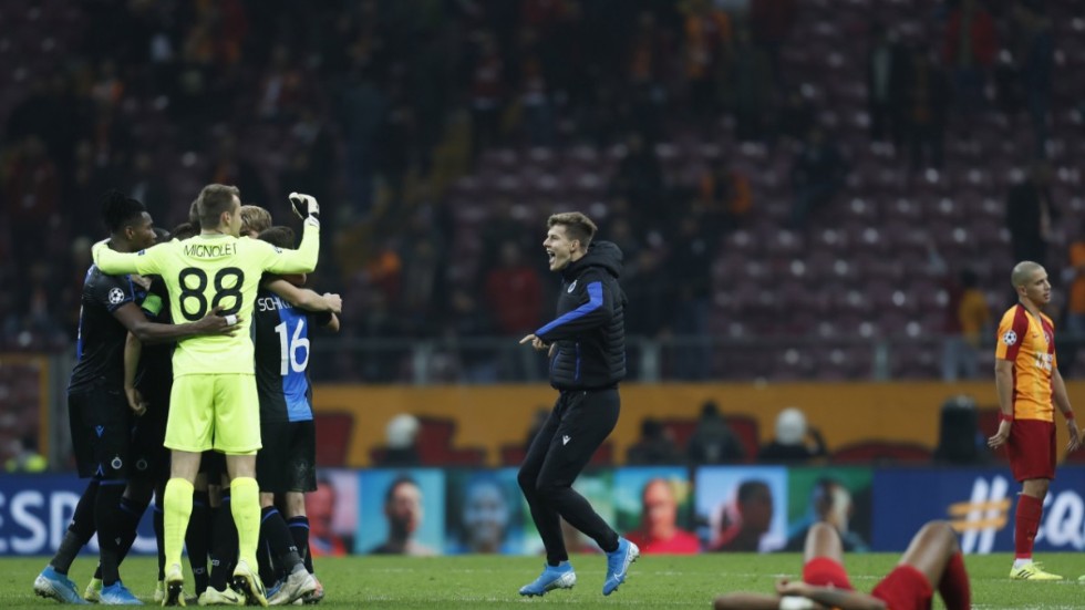 Club Brygge, vars spelare här jublar efter seger över Galatasaray i Champions League i november, blir mästare i Belgien om ligaspelet avbryts. Arkivbild.