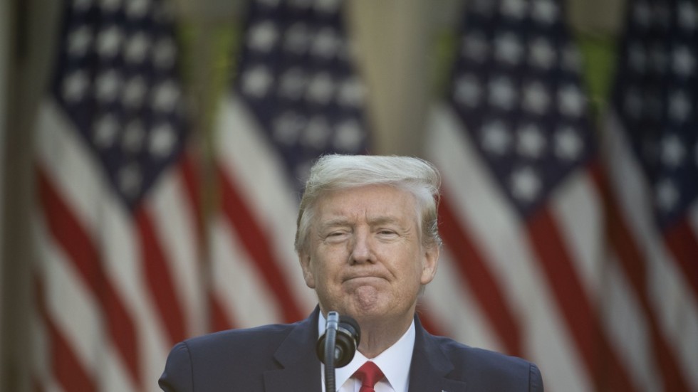 USA:s president Donald Trump under måndagens presskonferens.