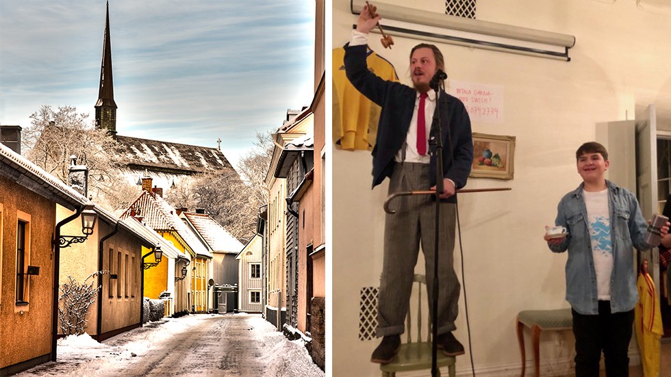 Vadstenakonstnären Rasmus Sköld var auktionsutropare på auktionen som anordnades i Vadstena till förmån för Operation Smile.
