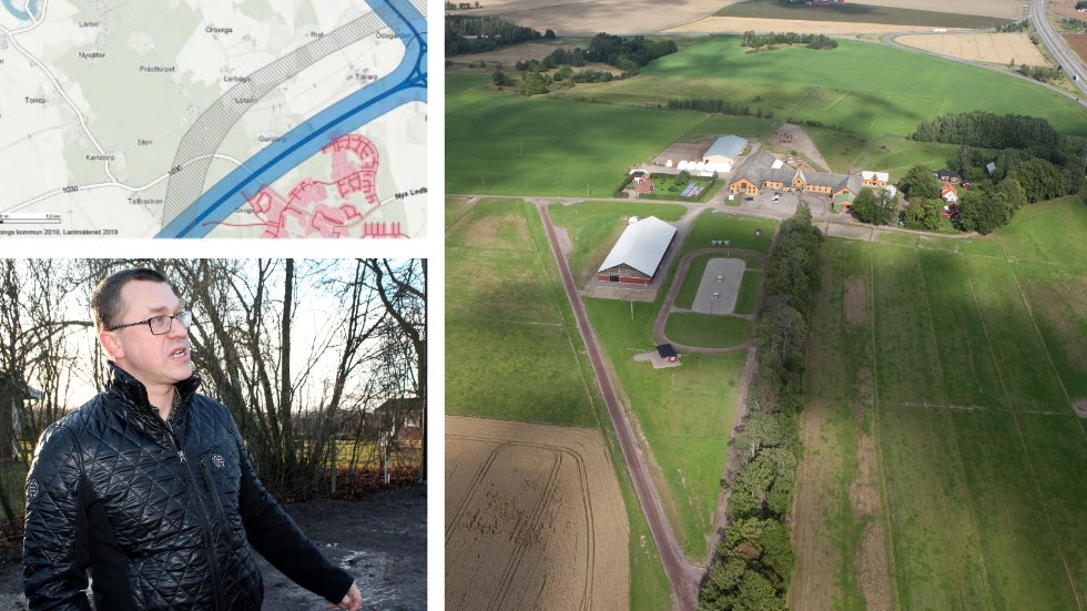 Den streckade ytan på kartan har reserverats för ett framtida godsspår. Det gör det svårt att utveckla verksamheten, menar Marcus Ljunggqvist som nu därför vill sälja gården till kommunen.