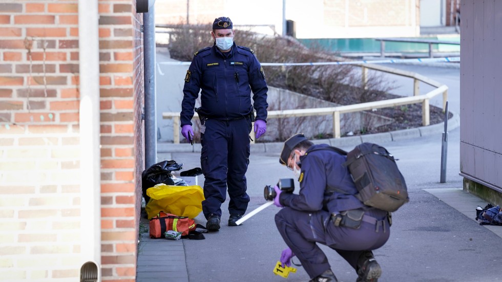 Polis undersöker platsen vid en skola där en pojke blev knivhuggen och fick svåra skador.