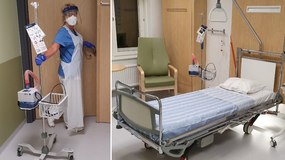 Pia Lindström med en syrgasmaskin, optiflow, som används vid högflödesbehandling.