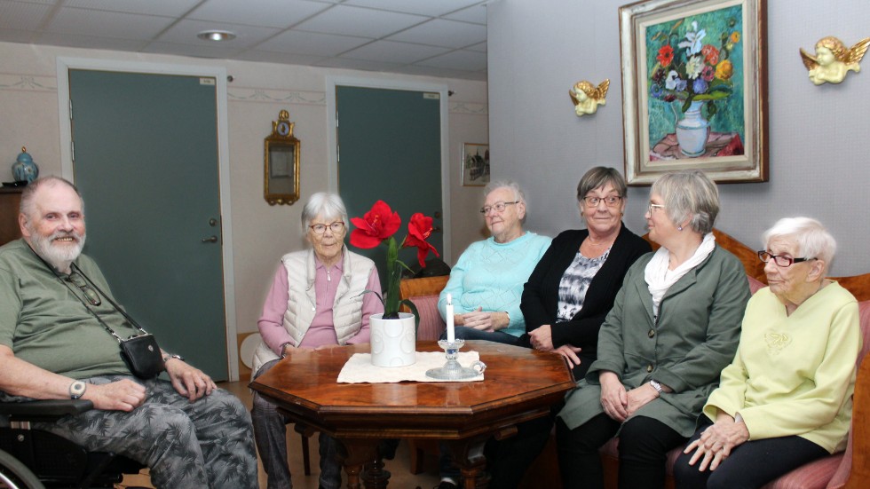 Stigert Cronemark, Ingebritt Gäfvert, Inga Molin, Siv Flodin, samtalsledaren Gullvi Aldén och Marianne Franzén sitter ner efter att ha avslutat kursen som bestått av fem träffar om två timmar vardera.