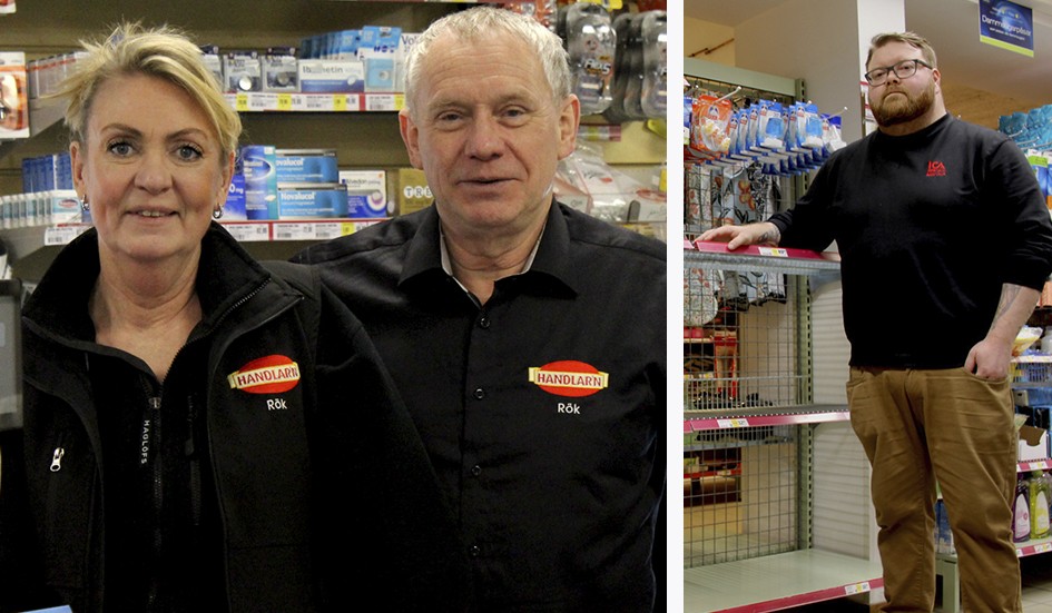 Linda Dås och Kaj Björk hos Handlarn i Rök. Till höger Ica-handlaren Marcus Andersson i Väderstad.