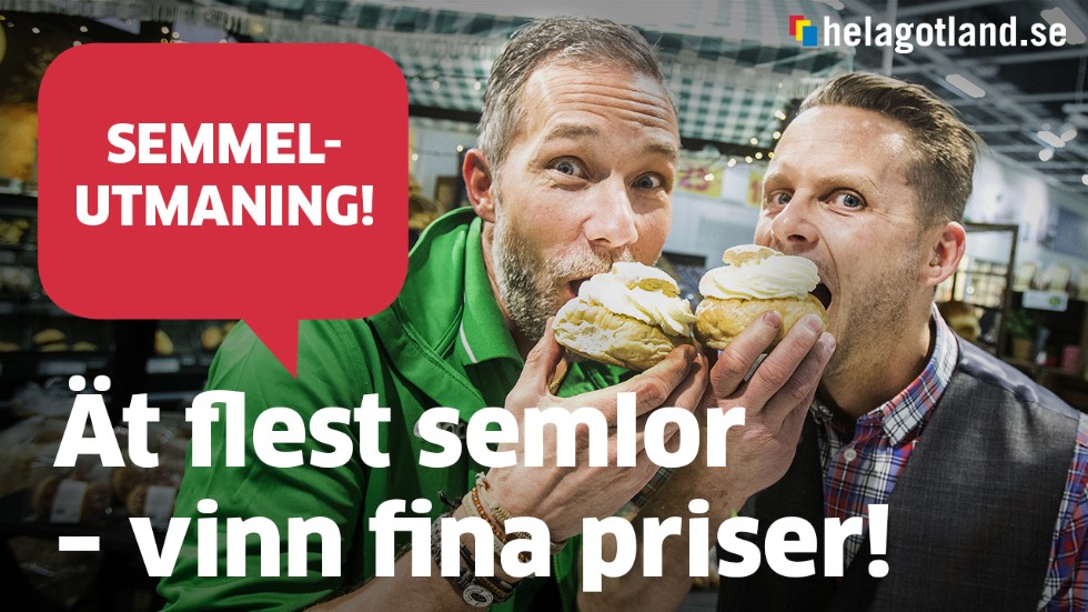 Markus Wahlgren, butikschef Stora Coop, och Mats Pettersson, redaktionschef Helagotland.se, välkomnar deltagare i årets semmelätartävling.