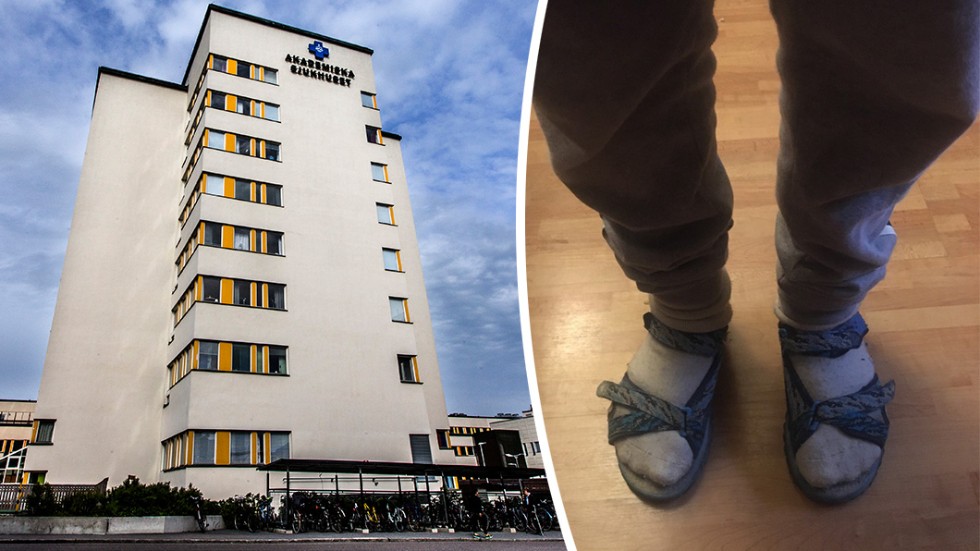 Såhär har Adrian fått gå utomhus sedan i våras. "Jag vill bara ha min operation så jag slipper ha ont och så att jag kan ha skor på mig igen", säger han.