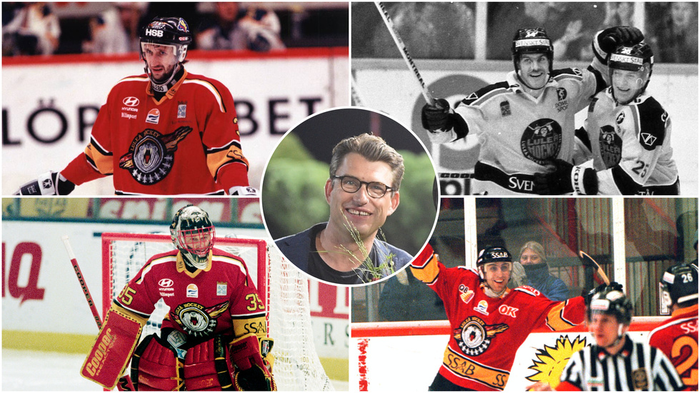 Magnus Lindgren, i mitten, är mannen bakom travhästnamnen med starka kopplingar till Luleå Hockey.