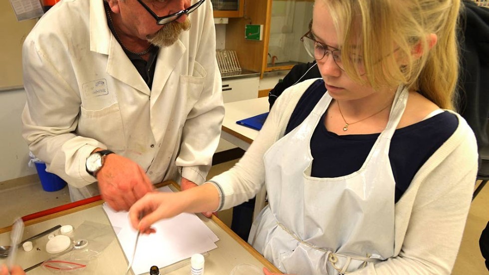 Kemins dag. Gunnar Bertilsson visar Johanna Albinsson hur experimentet ska genomföras.