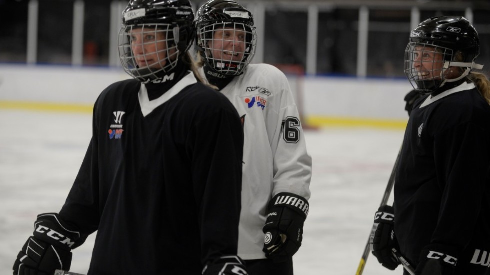 Så här roligt har spelarna det på Knightmares träningspass. Inte undra på att de inte lämnar laget. I vit tröja Anna Andréasson.