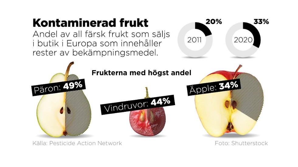 Trots att EU stiftade lagar för att fasa ut användningen av bekämpningsmedel 2009 så har andelen frukter som innehåller rester från kemikalier ökat.