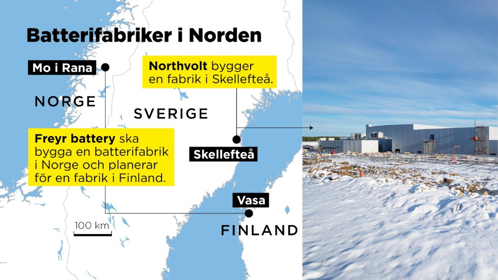 Det nordiska batteribältet växer fram. Till höger syns första etappen i bygget av Northvolt Ett i Skellefteå.