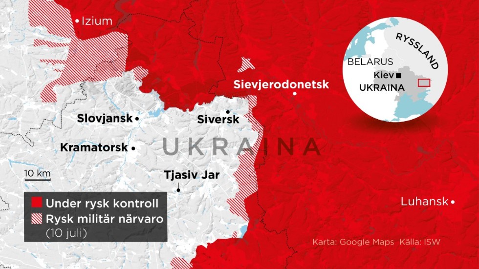 Områden i östra Ukraina under rysk kontroll samt områden med rysk militär närvaro den 10 juli.