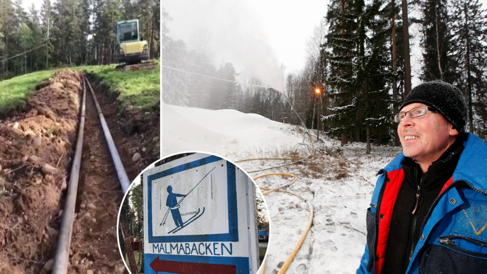 Till höger ses Jon Philipsson framför slangar och snökanon under preparering av Malmabacken för två år sedan. Nu har det grävts i backen (bild till vänster) för att det inte ska behöva dras så mycket slang framöver.