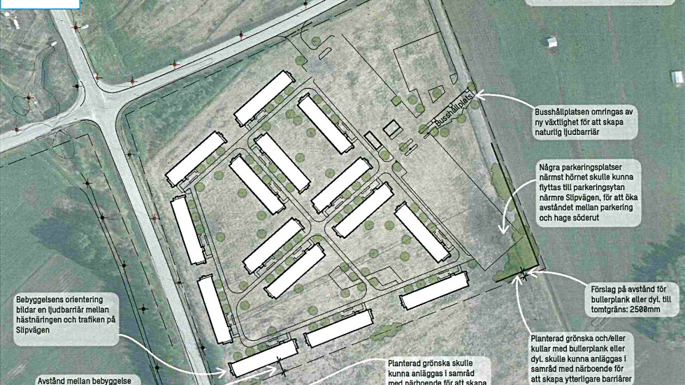 En skiss över det planerade entreprenörsboendet intill korsningen Slipvägen/Åbergsleden.