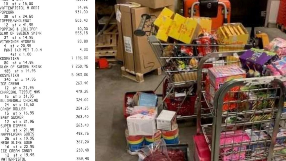 Mannen fyllde en kundvagn och en mjölkvagn med varor som han sedan drog ut på lastkajen. Efter att personalen upptäckte mannen, drogs alla varor in i systemet och visade ett totalvärde på 45 000 kronor. Kvittot till vänster visar en del av utdraget. 