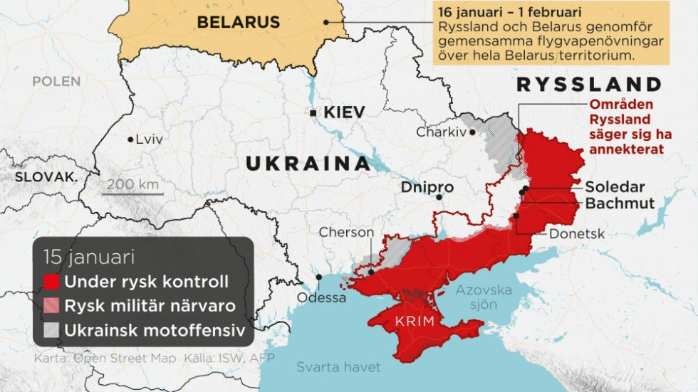 Områden under rysk kontroll, områden med rysk militär närvaro, ukrainska motoffensiver samt annekterade områden, den 15 januari.