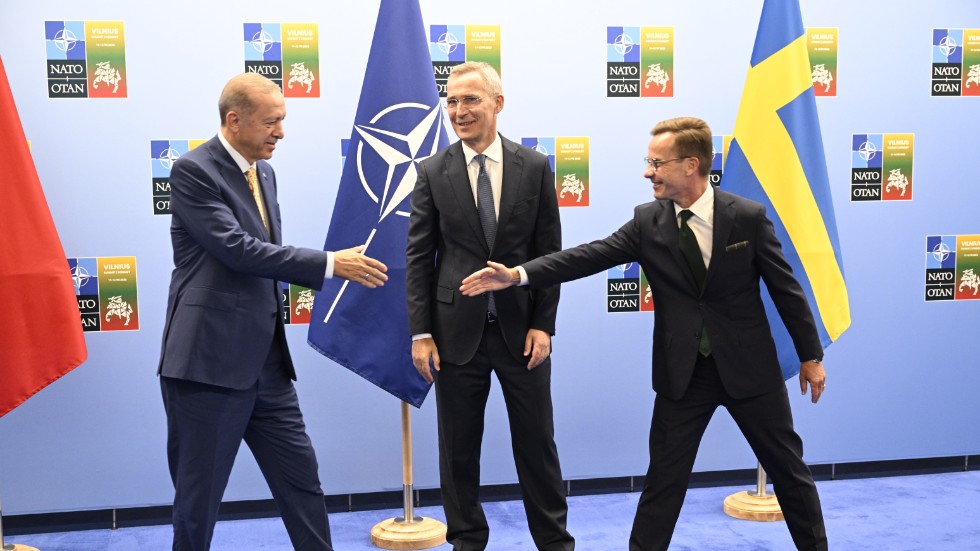 Turkiets president Recep Tayyip Erdogan och statsminister Ulf Kristersson (M) på Natos toppmöte i Vilnius. Arkivbild.