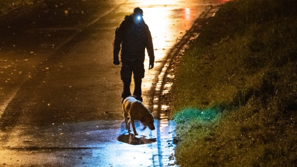 Två poliser från Cityspan i Stockholm var på plats i industriområdet tillsammans med en hundpatrull.
