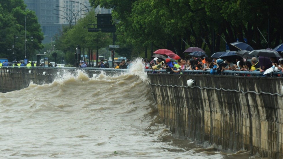 Det finns inga uppgifter om att någon skadats sedan tyfonen Muifa dragit in över Kina. Bild från staden Hangzhou i onsdags.
