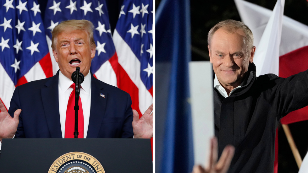 Två Donald: den ena bryter ner demokratin, den andra bygger upp den igen. Från vänster: USA:s president Donald Trump och Polens premiärminister Donald Tusk.