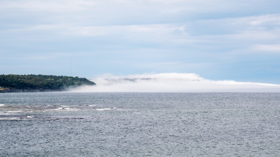 Den 48 meter höga klippan försvinner in i dimman under torsdagsförmiddagen.