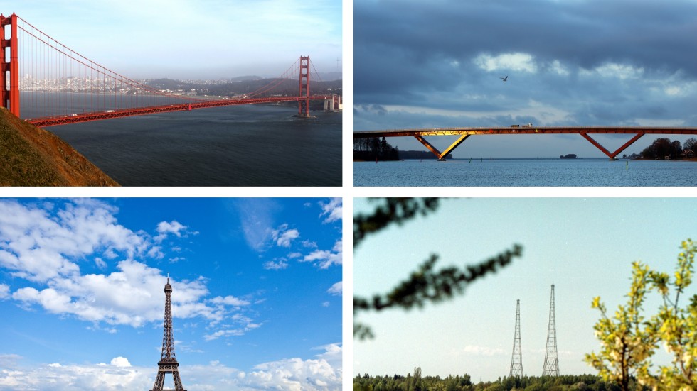 Några Motalasevärdheter och deras "motsvarigheter" i världen. Ovan till vänster: Golden Gate-bron i San Francisco, ovan till höger Motalabron. Nedan till vänster Eiffeltornet i Paris och nedan till höger radiomasterna i Motala.
