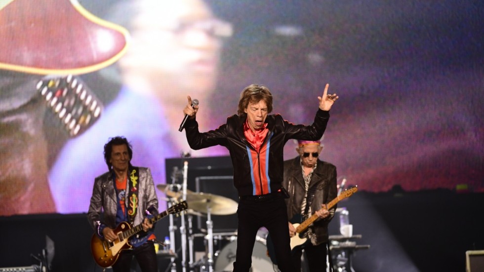Det märks att rocklegenderna i The Rolling Stones trivs i Sverige. Från vänster: Ronnie Wood, Mick Jagger och Keith Richards på Friends Arena under avslutningsturnén "Sixty".