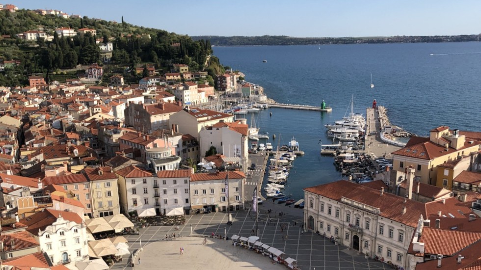 I Piran i Slovenien kunde familjen köpa färska grönsaker på torget och bada från stadens pir.