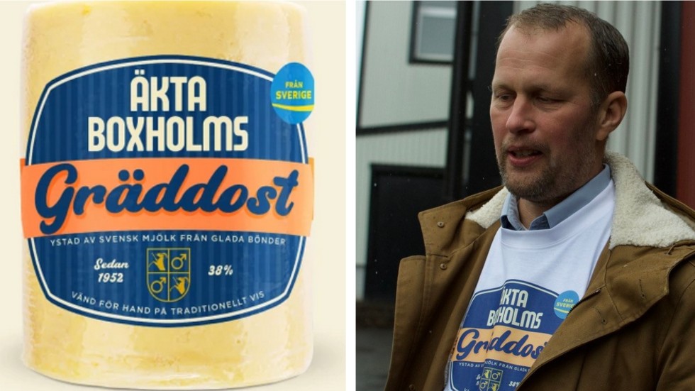 Glada bondens vd Anders Birgersson med den nu förbjudna ostetiketten. Idag heter osten från Boxholms mejeri "Glada bondens gräddost". Även Boxholms kommunvapen tvingades man ta bort.