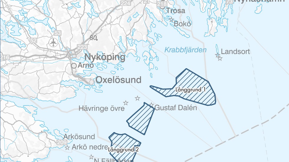 De planerade områdena för vindkraftparken Långgrund.