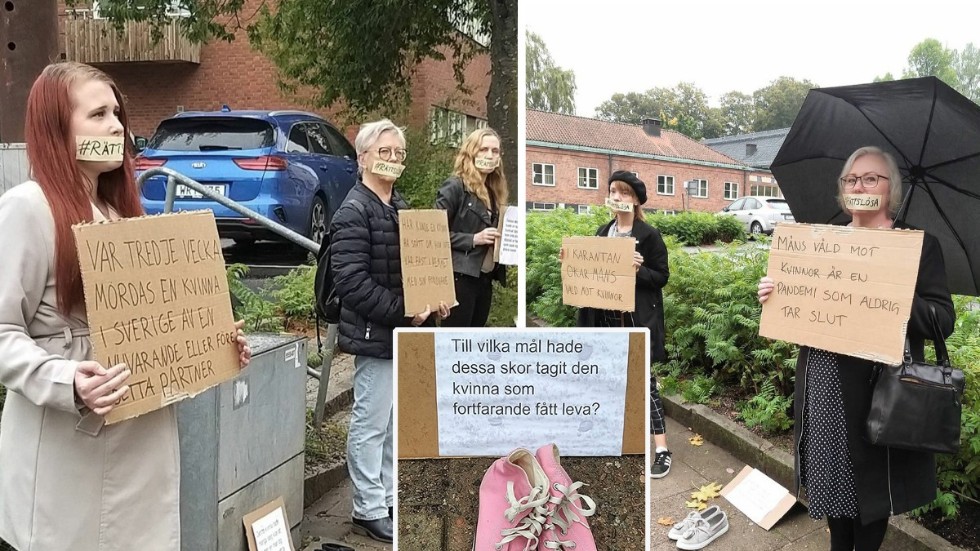 "Rättslös" kallas den tysta manifestation som hölls i Eskilstuna på lördagen för att uppmärksamma våld mot kvinnor. Skor fick symbolisera de kvinnor som inte kunde delta. Här syns Sarah Larsson, Gunilla Lange, Liselotte Sjöholm, Lisa Clarstedt och Mia Sjögren.