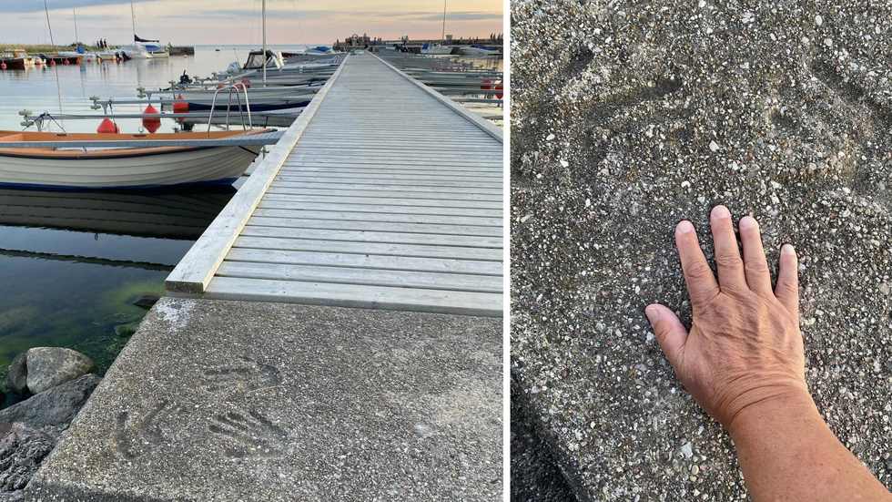 Handavtrycken på mellersta bryggan i Gnisvärds hamn gjordes av tre tonårsflickor 1972. Eva Risingers hand passar ännu perfekt i hennes avtryck.