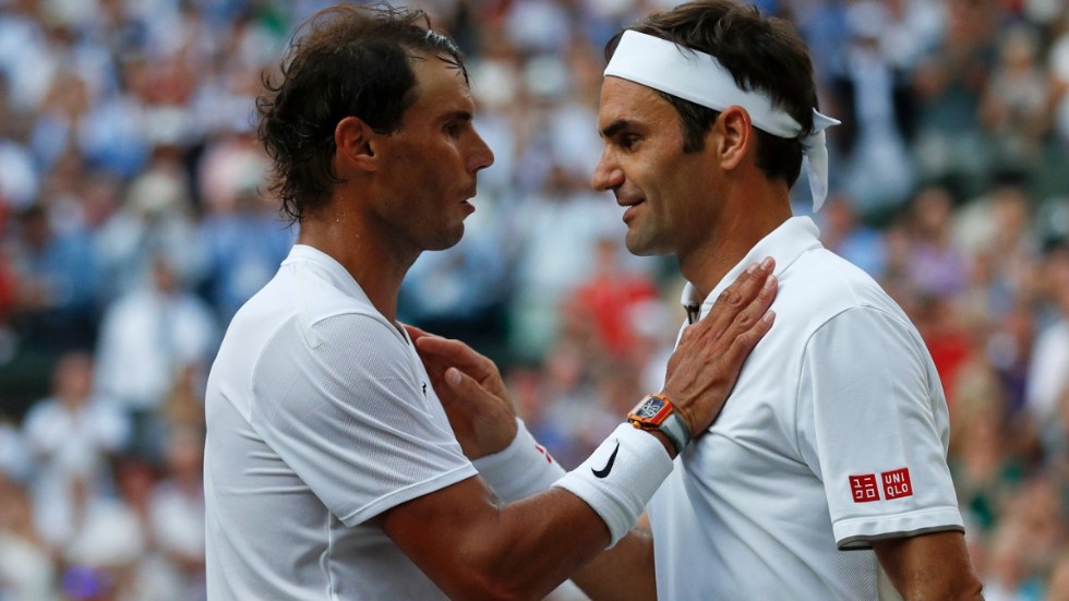 Rafael Nadal och Roger Federer under Wimbledon. Arkivbild.
