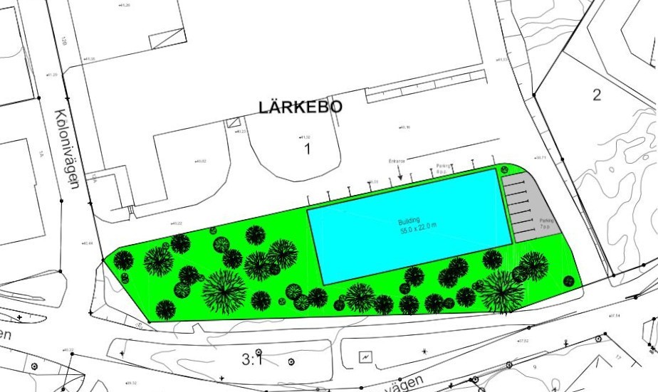 Ovanför grönområdet på kartan ser man byggnaden där Granngården och Oddis Lekland i Västervik ligger. 