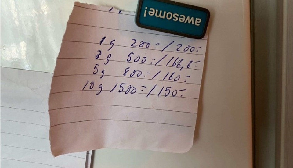 En prislista på mannens kylskåp, men mannen förnekar att han sålde narkotika.