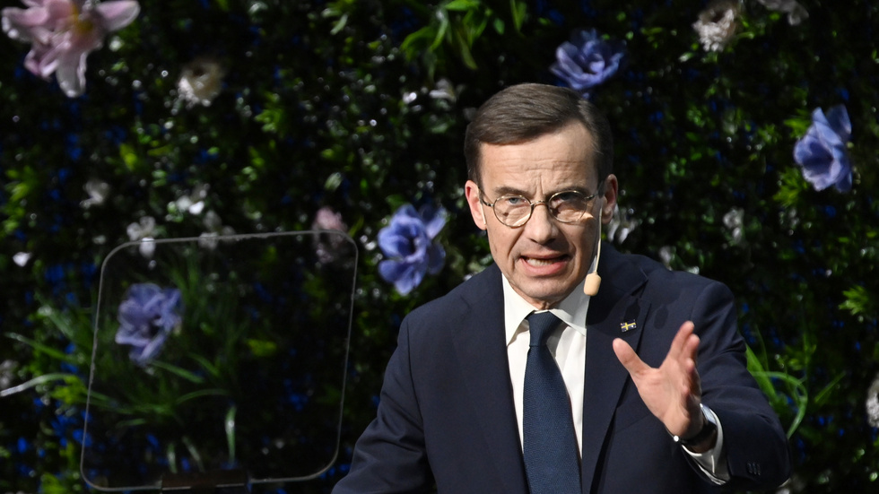 Partiledare och statsminister Ulf Kristersson håller tal under Moderaternas Sverigemöte på Waterfront i Stockholm.