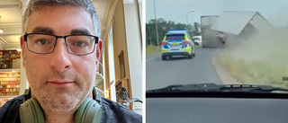 Stefan fångade vansinnesfärden på film – se när lastbilen välter