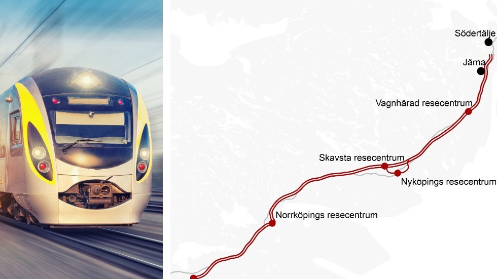 Ostlänkens dragning från Södertälje i norr till Linköping i söder.