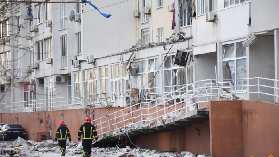 En byggnad i Odessa som skadats av kryssningsrobotar. Arkivbild.