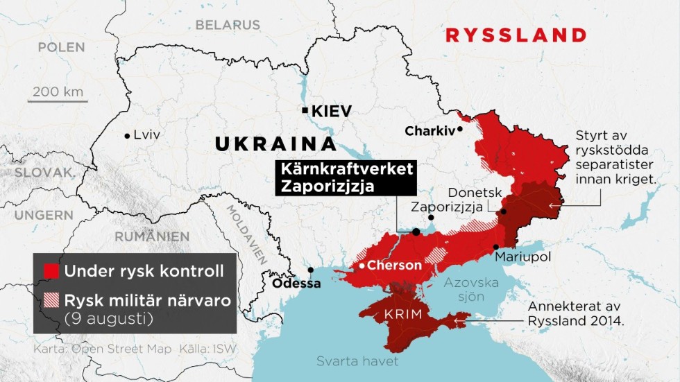 Områden under rysk kontroll samt områden med rysk militär närvaro 9 augusti samt kärnkraftverket Zaporizjzja.