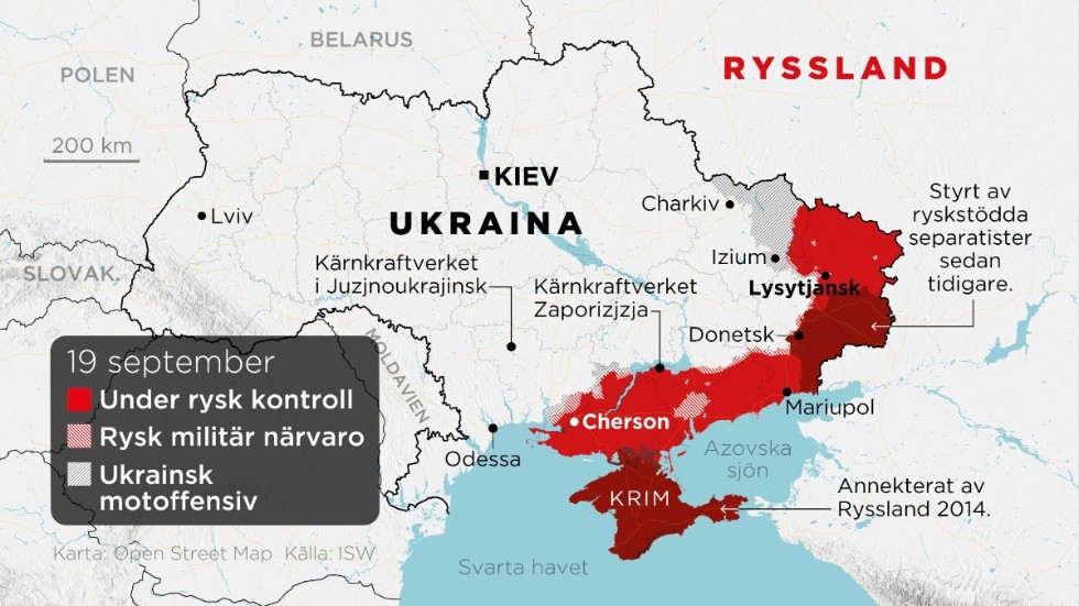 Områden under rysk kontroll, områden med rysk militär närvaro och områden som Ukraina har tagit tillbaka, enligt analyser från den 19 september.