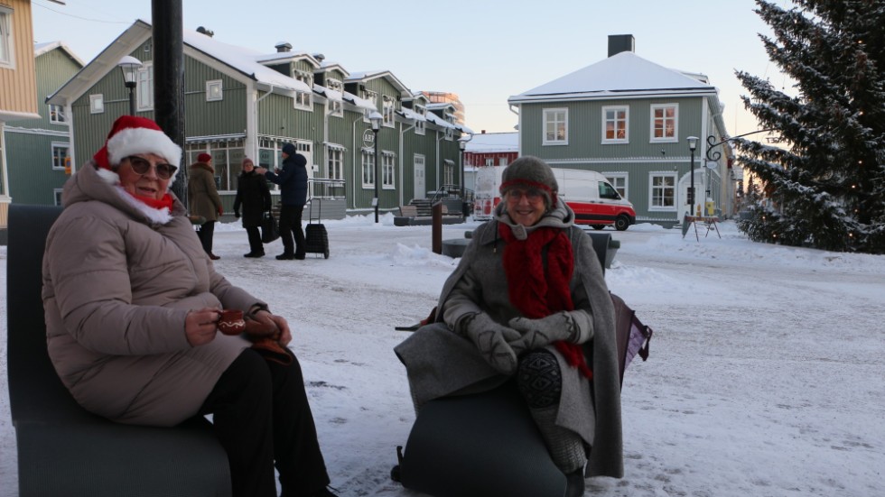 Bettan Berglund och Eina Granberg stod på Rådhustorget i sina tomteluvor dagen före jul.