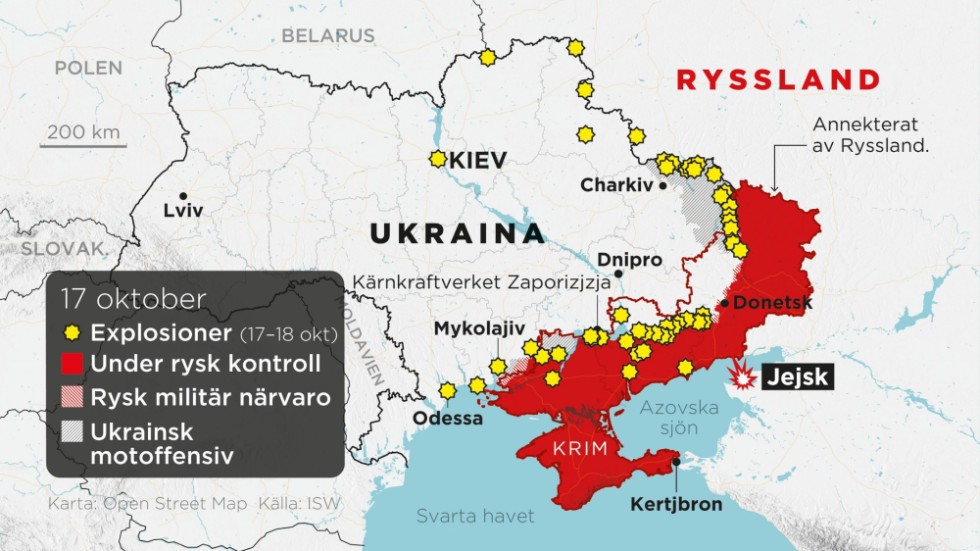 Områden under rysk kontroll, områden med rysk militär närvaro, ukrainska motoffensiver samt "annekterade" områden.