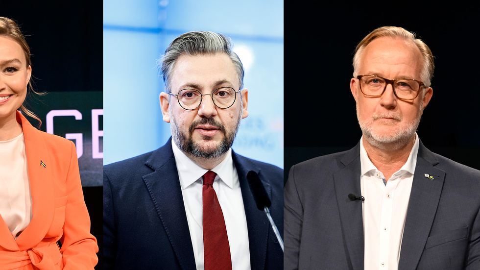 Partiledarna Ebba Busch (KD), Muharrem Demirok (C), och Johan Pehrson (L).