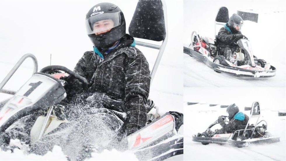 Christopher Winberg gillar att köra go cart på vintern också. Det syns att han upplever riktig körglädje.