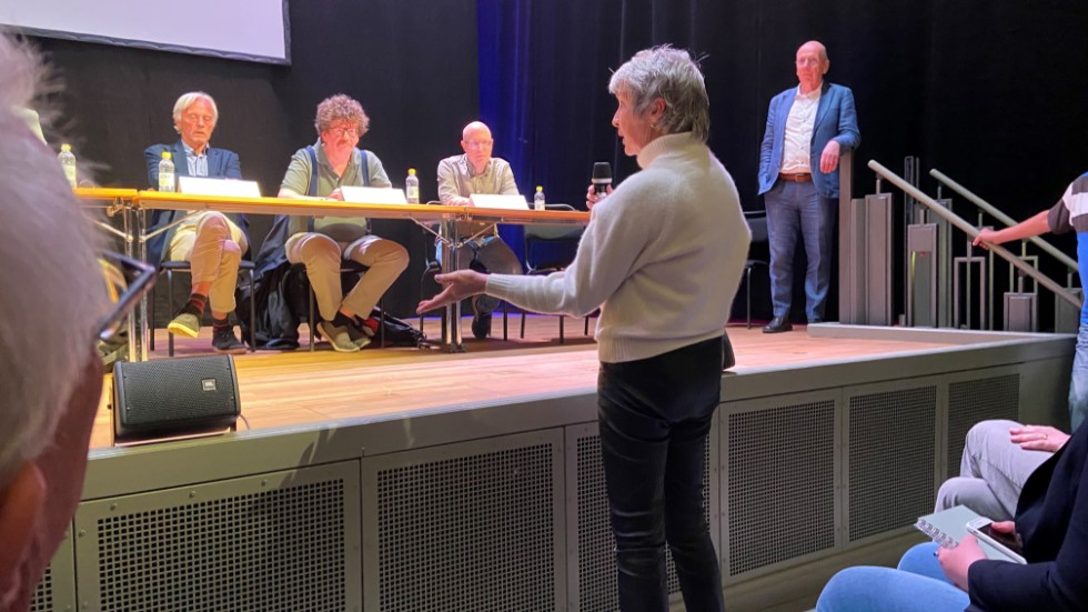 Politikerna ställdes till svars om de planerade vindkraftverken i norra Östergötland. Här är det Bente Hanssen vid mikrofonen.