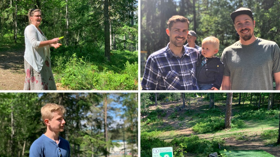 Invigning av discgolfbana i Borensberg. Uppe från vänster: Karin Westberg, Sebastian Brandtberg med sonen Emil Brandtberg och Andreas Kronman. Nere till vänster: David Ås.